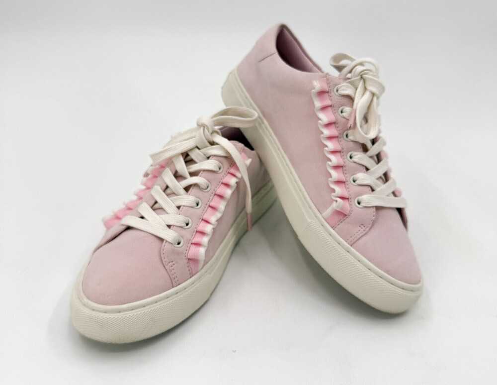 Tory Burch Sport Ruffle Sneakers Womens Size 7.5 Lace Up Pink Suede Leather